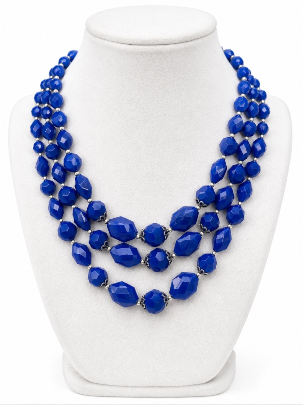 Cobalt Blue Faceted Beaded Multi-Strand Statement Necklace Silver Tone